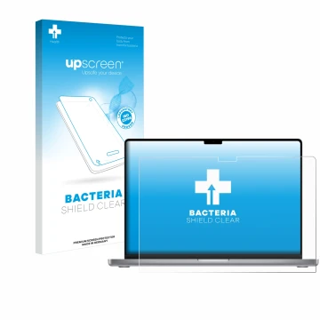 Parte frontal de un envase de producto con el logotipo de la marca upscreen. Al lado se muestra el dispositivo Apple MacBook P