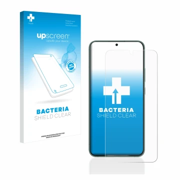Parte frontal de un envase de producto con el logotipo de la marca upscreen. Al lado se muestra el dispositivo Samsung Galaxy 