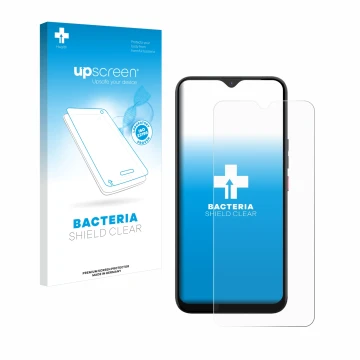 Parte frontal de un envase de producto con el logotipo de la marca upscreen. Al lado se muestra el dispositivo Gigaset GS5 con