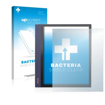 Parte frontal de un envase de producto con el logotipo de la marca upscreen. Al lado se muestra el dispositivo Boox Note Air 2