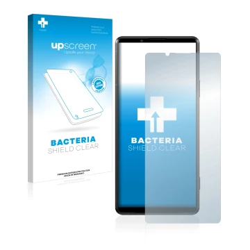 Parte frontal de un envase de producto con el logotipo de la marca upscreen. Al lado se muestra el dispositivo Sony Xperia Pro