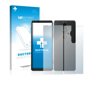 Parte frontal de un envase de producto con el logotipo de la marca upscreen. Al lado se muestra el dispositivo Sony Xperia Pro
