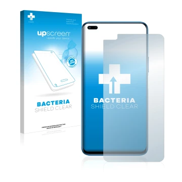 Parte frontal de un envase de producto con el logotipo de la marca upscreen. Al lado se muestra el dispositivo Honor 50 Lite c