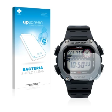 Parte frontal de un envase de producto con el logotipo de la marca upscreen. Al lado se muestra el dispositivo Casio DW-291H c