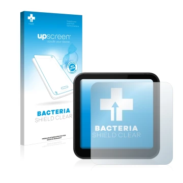 Parte frontal de un envase de producto con el logotipo de la marca upscreen. Al lado se muestra el dispositivo DJI Action 2 co