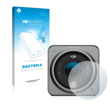 Parte frontal de un envase de producto con el logotipo de la marca upscreen. Al lado se muestra el dispositivo DJI Action 2 Le