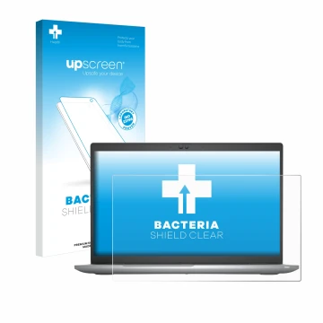 Parte frontal de un envase de producto con el logotipo de la marca upscreen. Al lado se muestra el dispositivo Dell Latitude 5