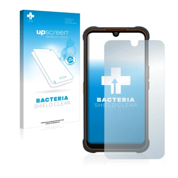 Parte frontal de un envase de producto con el logotipo de la marca upscreen. Al lado se muestra el dispositivo AGM Glory Pro c