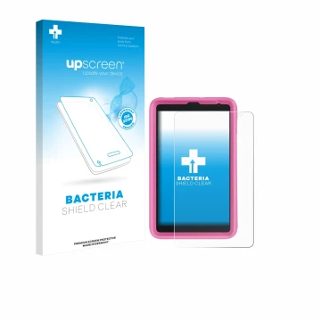 Parte frontal de un envase de producto con el logotipo de la marca upscreen. Al lado se muestra el dispositivo Blackview Tab 6