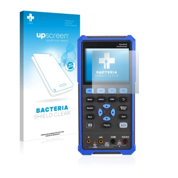 Parte frontal de un envase de producto con el logotipo de la marca upscreen. Al lado se muestra el dispositivo Owon HDS 200 Se