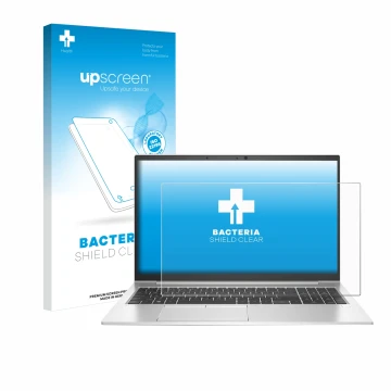 Parte frontal de un envase de producto con el logotipo de la marca upscreen. Al lado se muestra el dispositivo HP EliteBook 85
