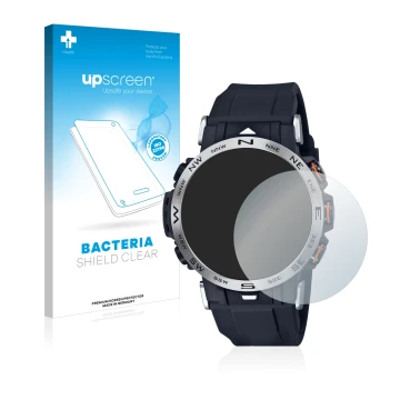 Parte frontal de un envase de producto con el logotipo de la marca upscreen. Al lado se muestra el dispositivo Casio Pro Trek 