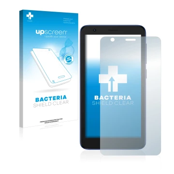 Parte frontal de un envase de producto con el logotipo de la marca upscreen. Al lado se muestra el dispositivo ZTE Blade L9 co