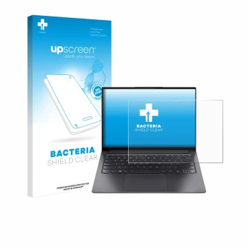 Parte frontal de un envase de producto con el logotipo de la marca upscreen. Al lado se muestra el dispositivo Lenovo Yoga Sli