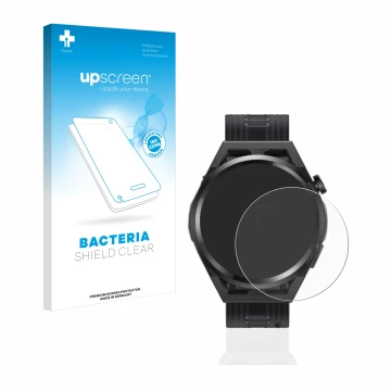 Parte frontal de un envase de producto con el logotipo de la marca upscreen. Al lado se muestra el dispositivo Huawei Watch GT