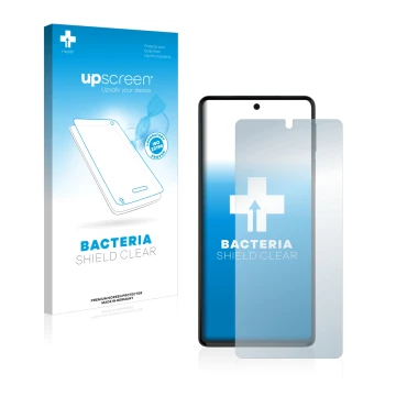 Parte frontal de un envase de producto con el logotipo de la marca upscreen. Al lado se muestra el dispositivo Motorola Edge 3