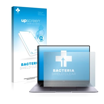 Parte frontal de un envase de producto con el logotipo de la marca upscreen. Al lado se muestra el dispositivo Huawei MateBook