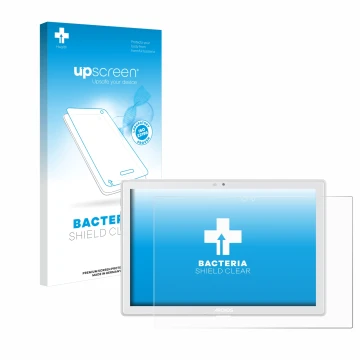 Parte frontal de un envase de producto con el logotipo de la marca upscreen. Al lado se muestra el dispositivo Archos T101 4G 