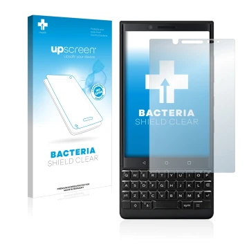 Parte frontal de un envase de producto con el logotipo de la marca upscreen. Al lado se muestra el dispositivo BlackBerry Key2