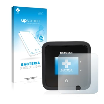 Parte frontal de un envase de producto con el logotipo de la marca upscreen. Al lado se muestra el dispositivo Netgear Nightha