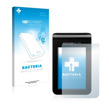 Parte frontal de un envase de producto con el logotipo de la marca upscreen. Al lado se muestra el dispositivo REINER SCT tanJ