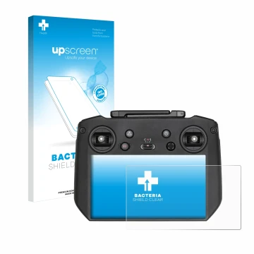 Parte frontal de un envase de producto con el logotipo de la marca upscreen. Al lado se muestra el dispositivo DJI RC Pro con 