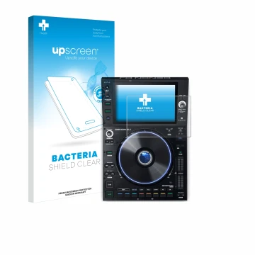 Parte frontal de un envase de producto con el logotipo de la marca upscreen. Al lado se muestra el dispositivo Denon DJ SC6000