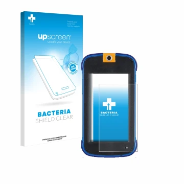 Parte frontal de un envase de producto con el logotipo de la marca upscreen. Al lado se muestra el dispositivo Vtech Kidicom M