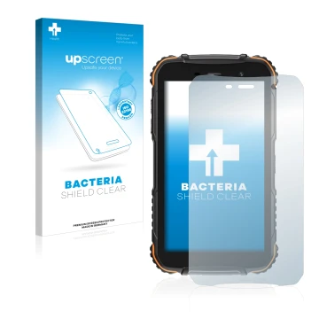 Parte frontal de un envase de producto con el logotipo de la marca upscreen. Al lado se muestra el dispositivo Doogee S35T con