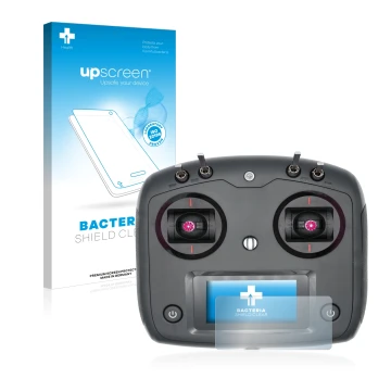 Parte frontal de un envase de producto con el logotipo de la marca upscreen. Al lado se muestra el dispositivo FlySky FS-i6S c