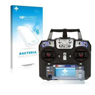 Parte frontal de un envase de producto con el logotipo de la marca upscreen. Al lado se muestra el dispositivo FlySky FS-i6 co