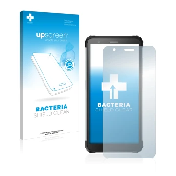 Parte frontal de un envase de producto con el logotipo de la marca upscreen. Al lado se muestra el dispositivo Blackview BV660