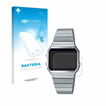 Parte frontal de un envase de producto con el logotipo de la marca upscreen. Al lado se muestra el dispositivo Casio A700WE co