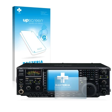 Parte frontal de un envase de producto con el logotipo de la marca upscreen. Al lado se muestra el dispositivo Icom IC-756 Pro