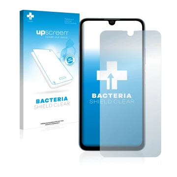 Parte frontal de un envase de producto con el logotipo de la marca upscreen. Al lado se muestra el dispositivo ZTE Blade A71 c