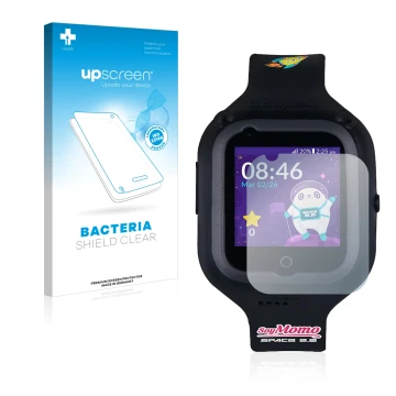 Parte frontal de un envase de producto con el logotipo de la marca upscreen. Al lado se muestra el dispositivo SoyMomo Space 2