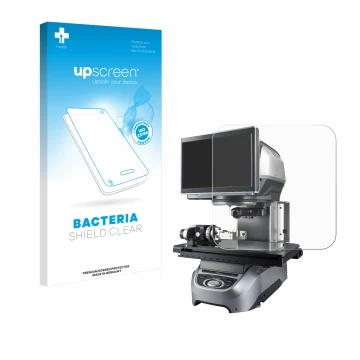 Parte frontal de un envase de producto con el logotipo de la marca upscreen. Al lado se muestra el dispositivo Keyence IM-7020