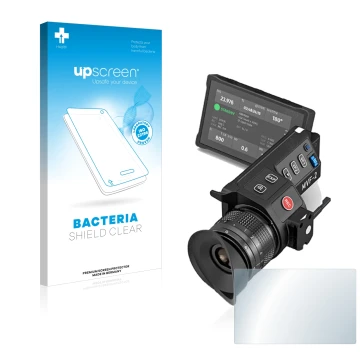 Parte frontal de un envase de producto con el logotipo de la marca upscreen. Al lado se muestra el dispositivo Arri MVF-2 con 