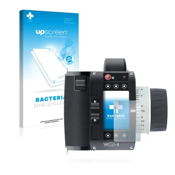 Parte frontal de un envase de producto con el logotipo de la marca upscreen. Al lado se muestra el dispositivo Arri WCU-4 con 