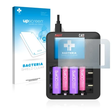 Parte frontal de un envase de producto con el logotipo de la marca upscreen. Al lado se muestra el dispositivo ISDT C4 Evo con