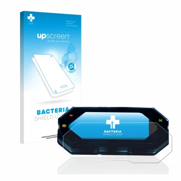 Parte frontal de un envase de producto con el logotipo de la marca upscreen. Al lado se muestra el dispositivo Yamaha MT-07 20