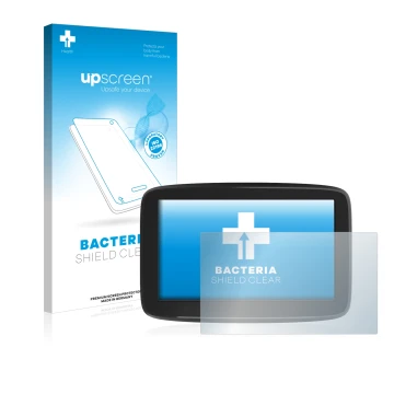 Parte frontal de un envase de producto con el logotipo de la marca upscreen. Al lado se muestra el dispositivo TomTom GO Class