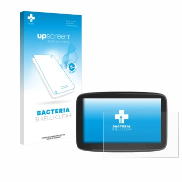 Parte frontal de un envase de producto con el logotipo de la marca upscreen. Al lado se muestra el dispositivo TomTom GO Class