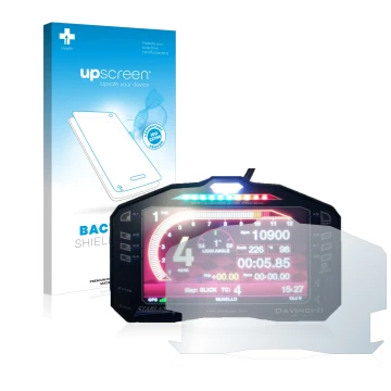 Parte frontal de un envase de producto con el logotipo de la marca upscreen. Al lado se muestra el dispositivo Starlane DaVinc