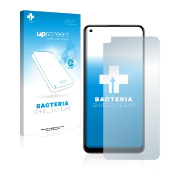Parte frontal de un envase de producto con el logotipo de la marca upscreen. Al lado se muestra el dispositivo Oppo A96 con su