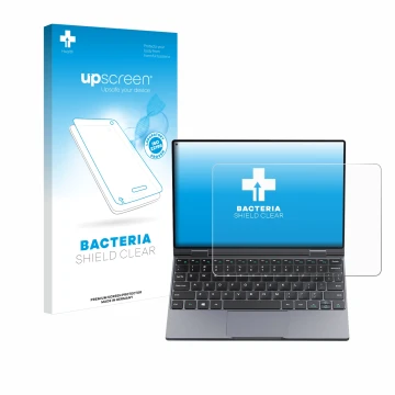 Parte frontal de un envase de producto con el logotipo de la marca upscreen. Al lado se muestra el dispositivo Chuwi MiniBook 