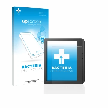 Parte frontal de un envase de producto con el logotipo de la marca upscreen. Al lado se muestra el dispositivo Tolino Vision 6