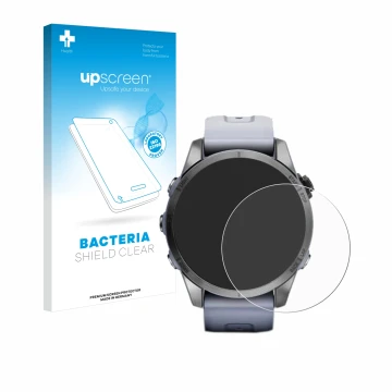 Parte frontal de un envase de producto con el logotipo de la marca upscreen. Al lado se muestra el dispositivo Garmin Fenix 7S
