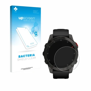 Parte frontal de un envase de producto con el logotipo de la marca upscreen. Al lado se muestra el dispositivo Garmin epix (Ge