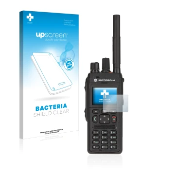 Parte frontal de un envase de producto con el logotipo de la marca upscreen. Al lado se muestra el dispositivo Motorola MTP355